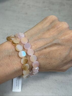 2 Faceted Round Crystal Bead Stretch Bracelets - Pink & Beige